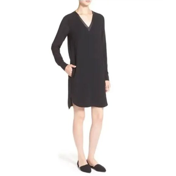 Vince Dresses & Skirts - VINCE. Black Mixed Media Long Sleeve Dress w/Pockets Size 4 Tunic Leather Silk‎